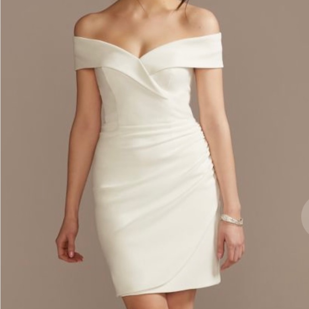 David’s Bridal -short off shoulder cuff neckline crepe dress